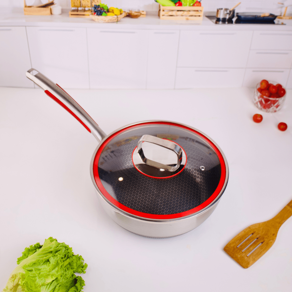 Stainless Steel Multifunctional Honeycomb Deep Frying Pan with Lid(24cm)