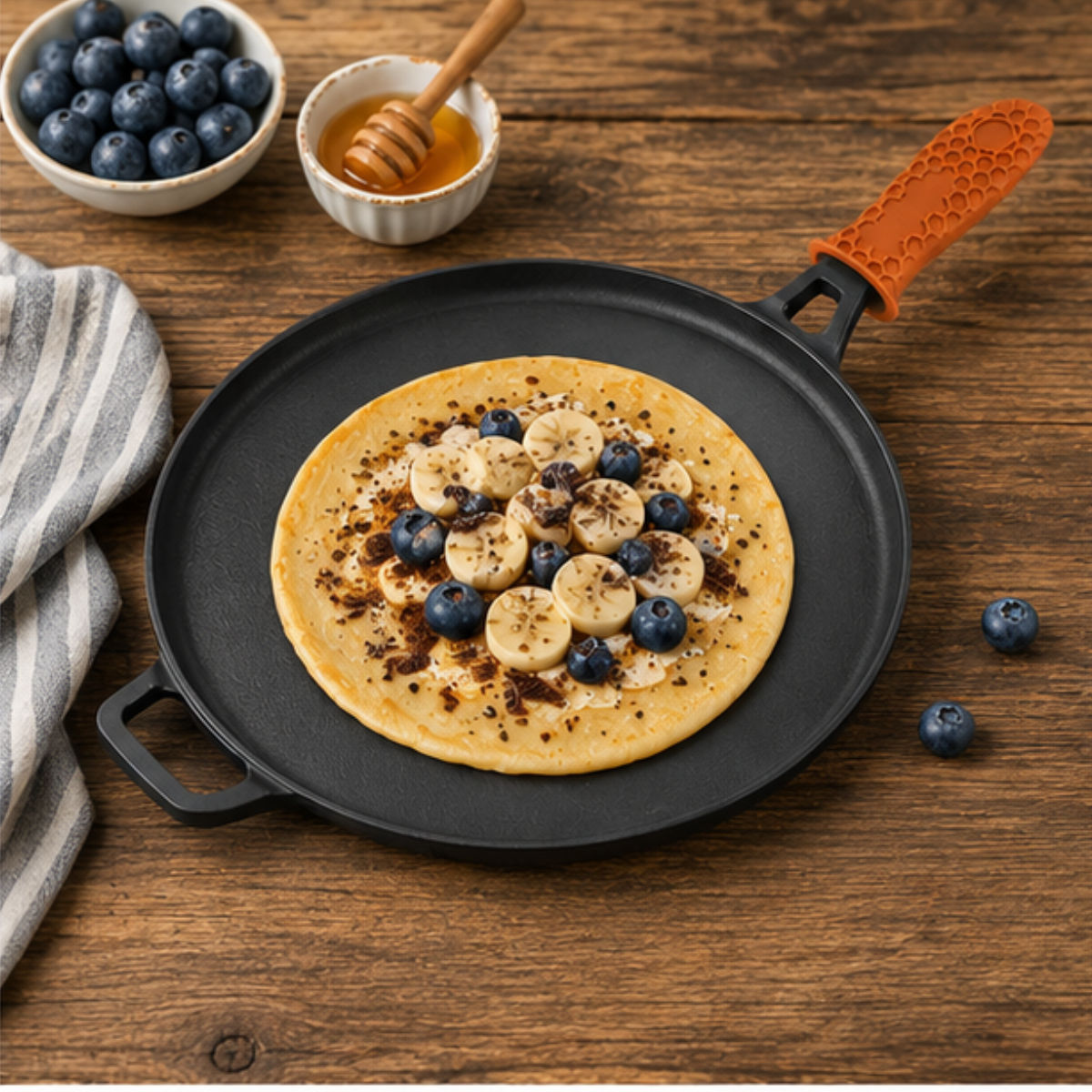 Heavy Duty Cast Iron Long Handle Tawa with Silicone Grip(28cm)