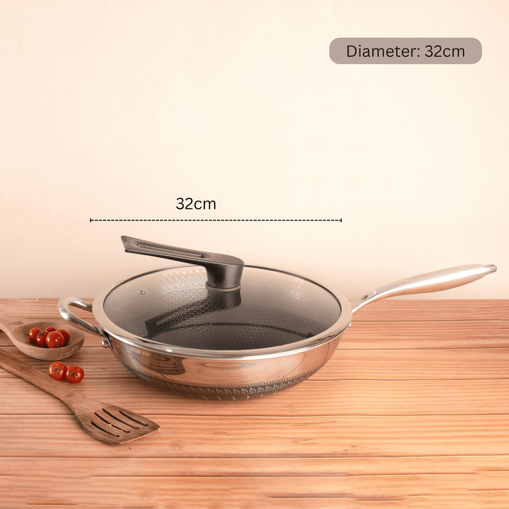 Multi-Purpose Stainless Steel Honeycomb Frying Wok With Lid (32cm)