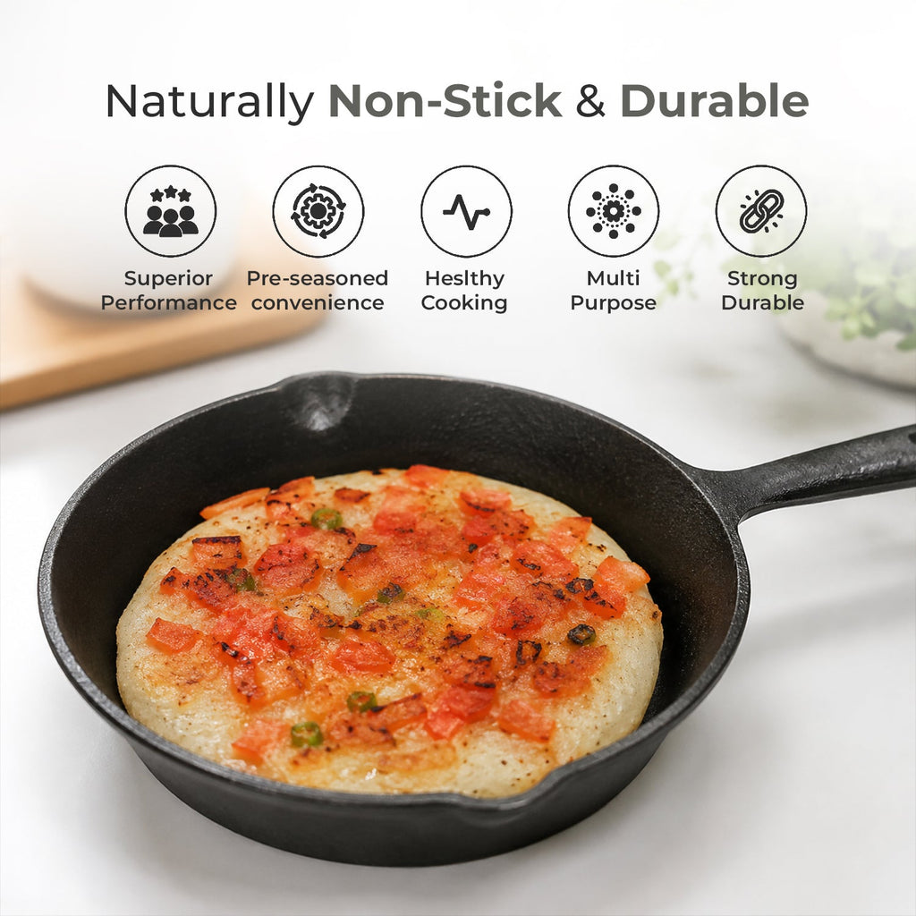 Multi Cooktop Cast Iron Flat Skillet Pan with Silicone Grip(20cm)