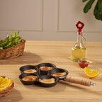 Cast Iron Nonstick Multi-Section Breakfast Frying Pan with Wooden Handle (22cm)