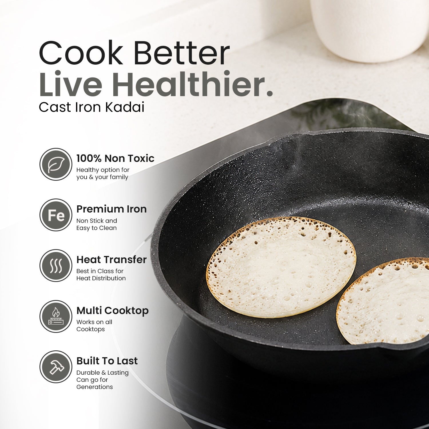 Multi Cooktop Cast Iron Flat Skillet Pan with Silicone Grip(20cm)