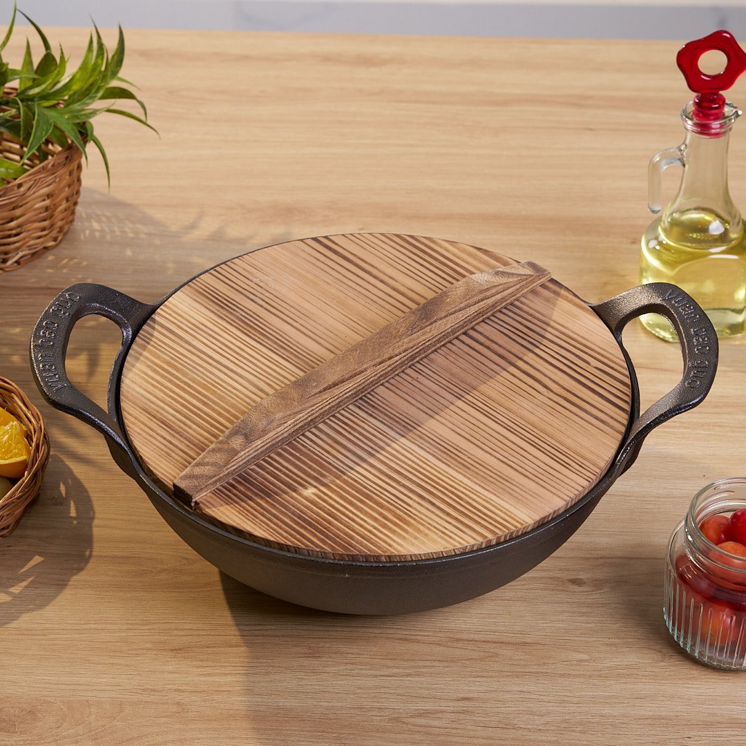 Cast Iron Non-Stick Cooking Pot with Grab Handles And Wooden Lid