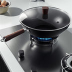 Traditional Uncoated Iron Wok with Wooden Handle & Glass Lid (30cm)