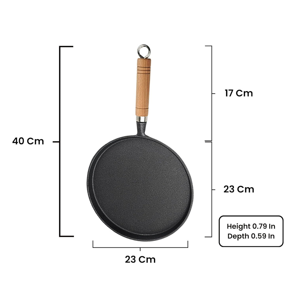 Cast Iron Non-Stick Tawa with Wooden Handle (23 cm)