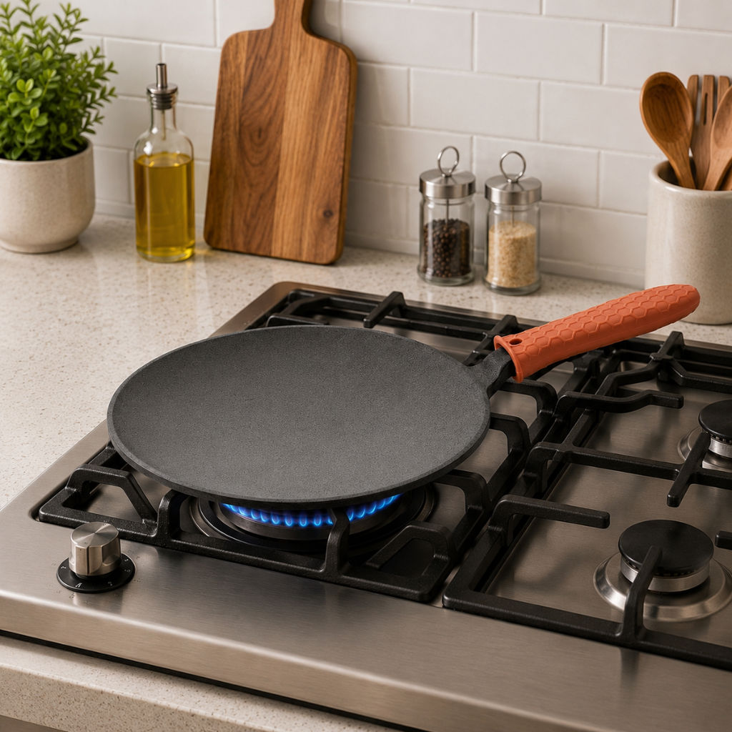 Multi-Functional Pre-Seasoned Cast Iron Tawa With Silicone Grip(26cm)