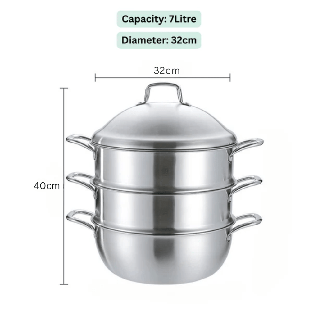 Multi-Purpose Stainless Steel 3-Tier Steaming Pot (32cm)