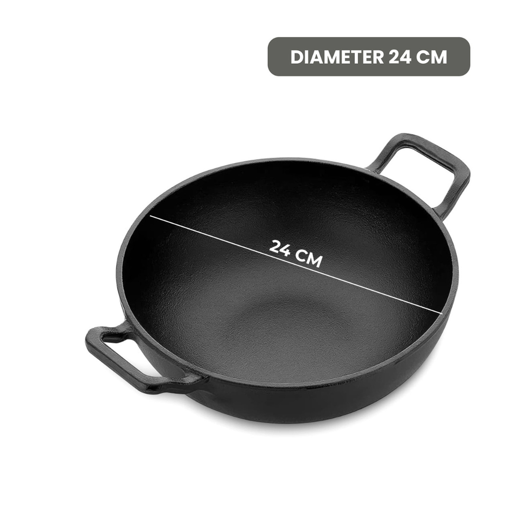 Heavy-Duty Natural Cast Iron Kadai with Silicone Grip(24cm)