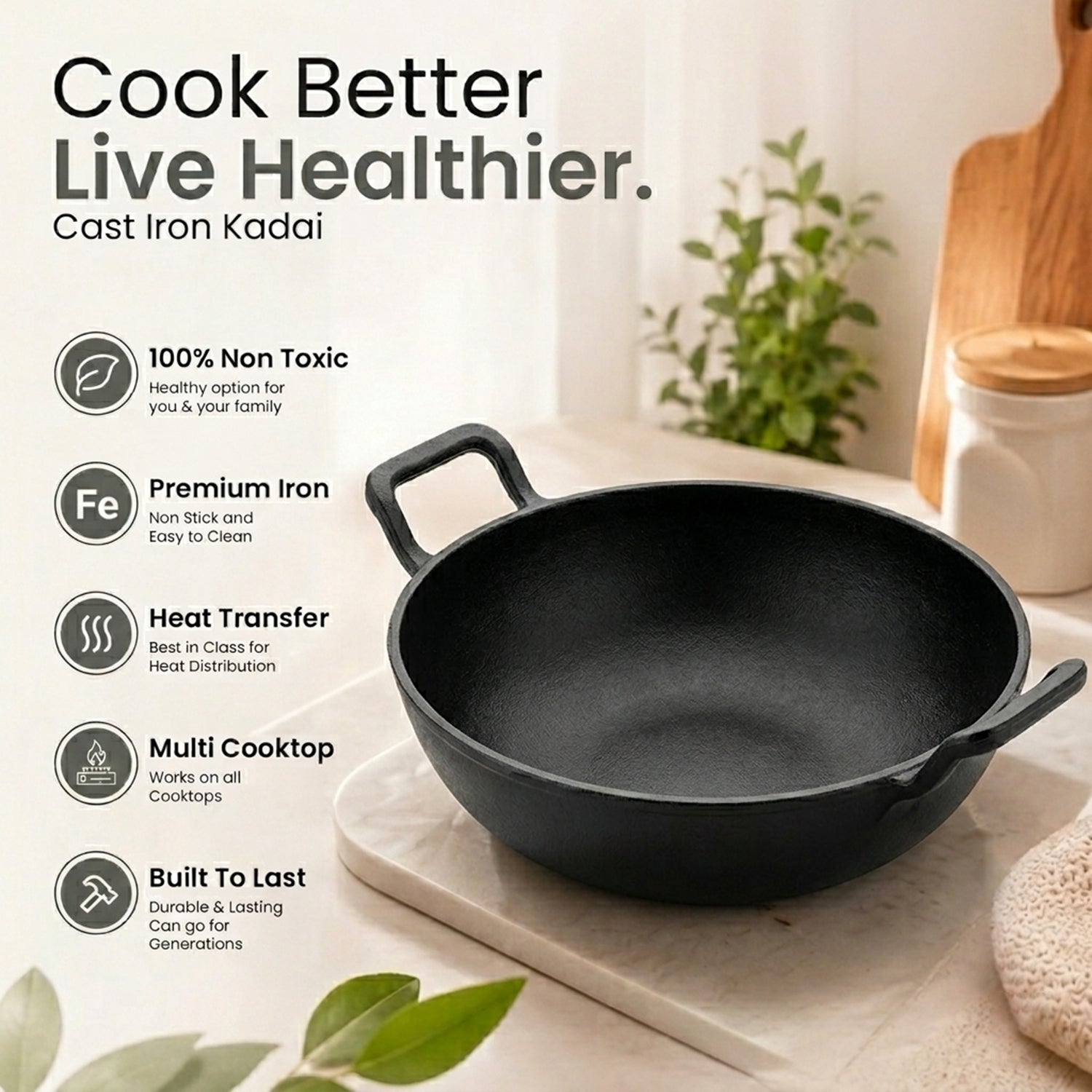 Heavy-Duty Natural Cast Iron Kadai with Silicone Grip(24cm)