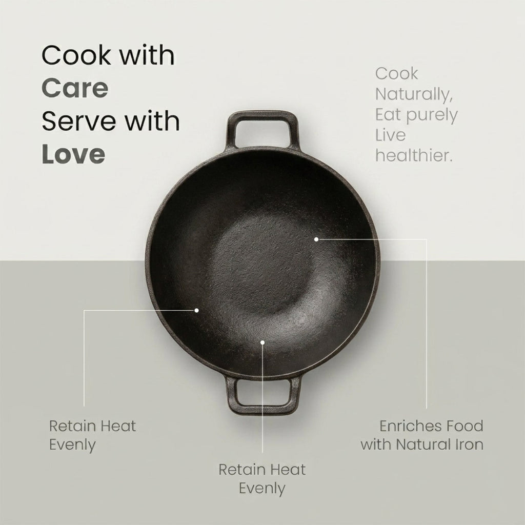 Heavy-Duty Natural Cast Iron Kadai with Silicone Grip(24cm)