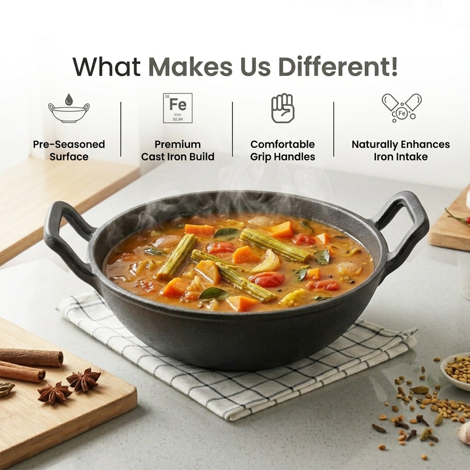 Heavy-Duty Natural Cast Iron Kadai with Silicone Grip(24cm)