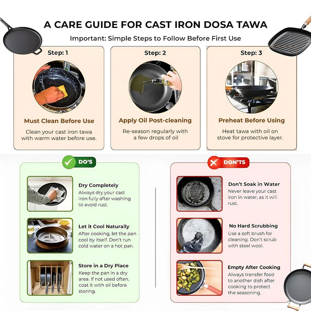 Premium Dual Handle Cast Iron Tawa with Silicone Grip(28cm)