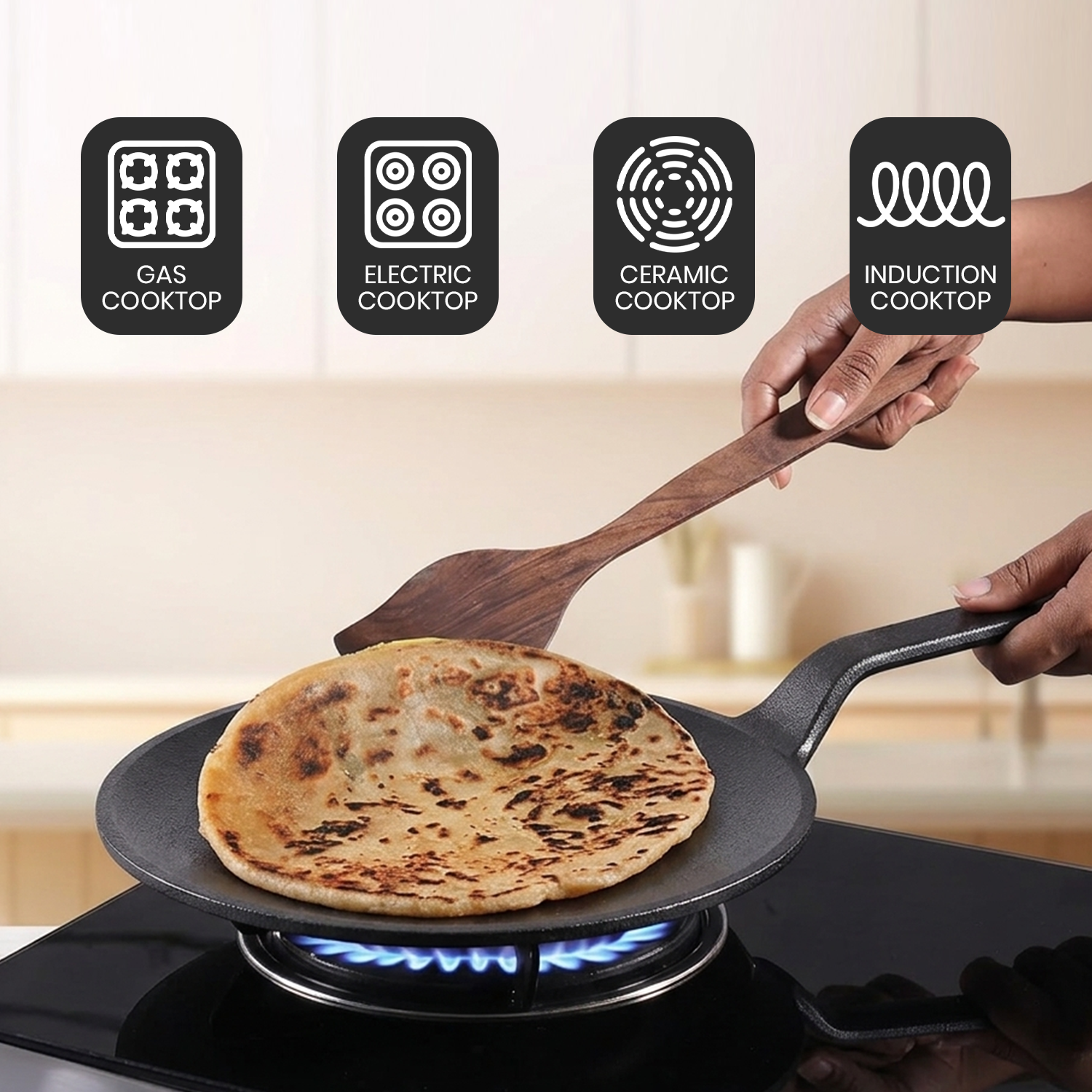 Multi-Functional Pre-Seasoned Cast Iron Tawa With Silicone Grip(26cm)
