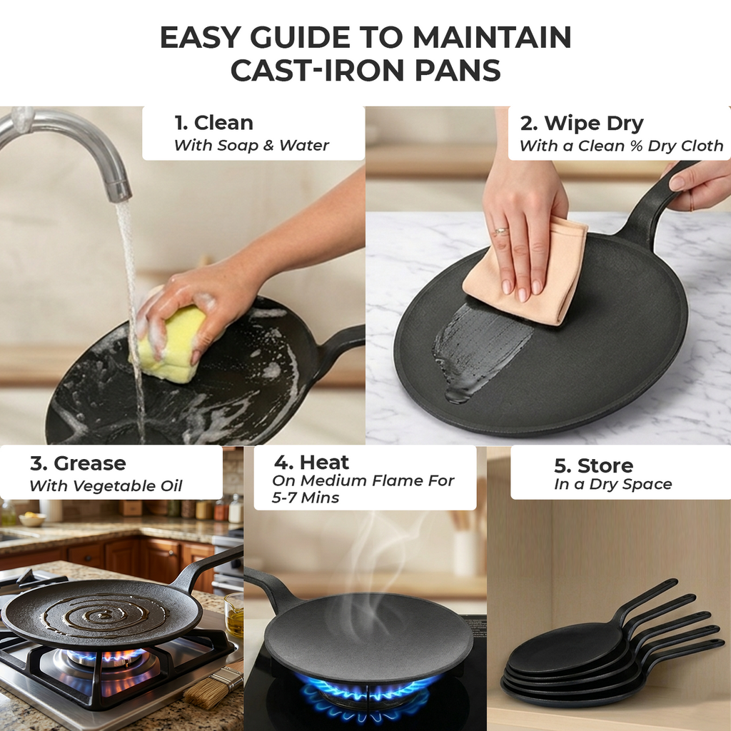 Multi-Functional Pre-Seasoned Cast Iron Tawa With Silicone Grip(26cm)