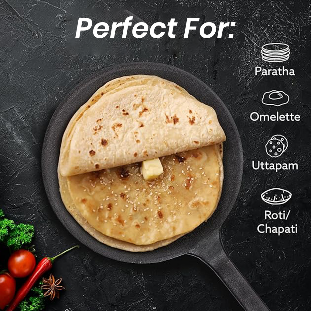 Multi-Functional Pre-Seasoned Cast Iron Tawa With Silicone Grip(26cm)