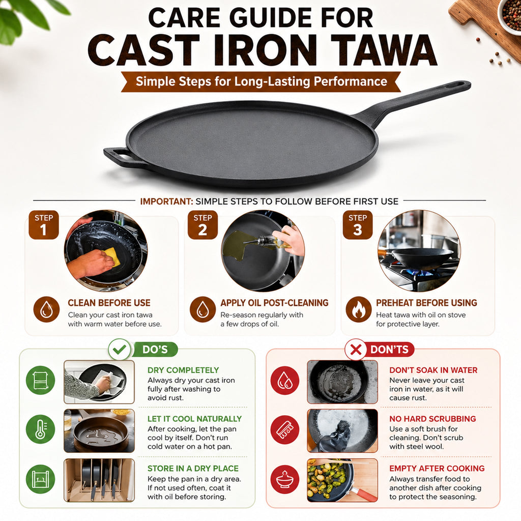 Heavy Duty Cast Iron Long Handle Tawa with Silicone Grip(28cm)