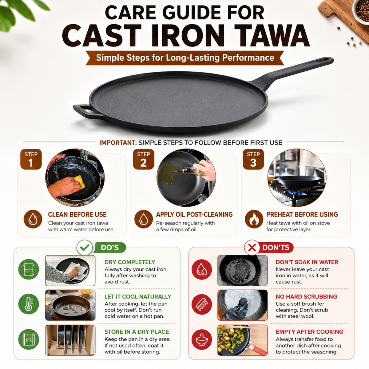 Heavy Duty Cast Iron Long Handle Tawa with Silicone Grip(28cm)