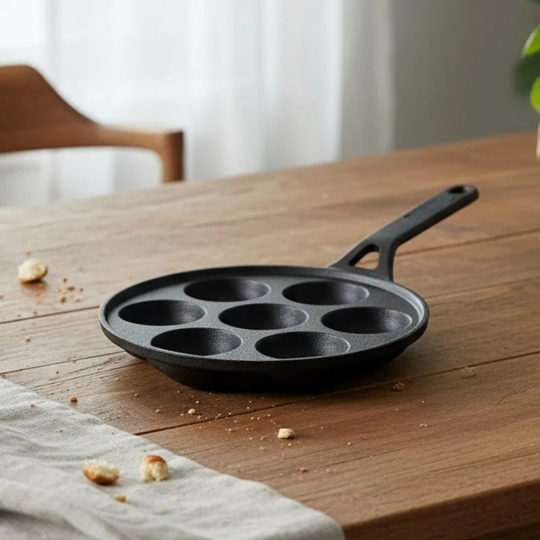 Heavy-Duty Cast Iron 7-Pit Appam Pan with Silicone Grip