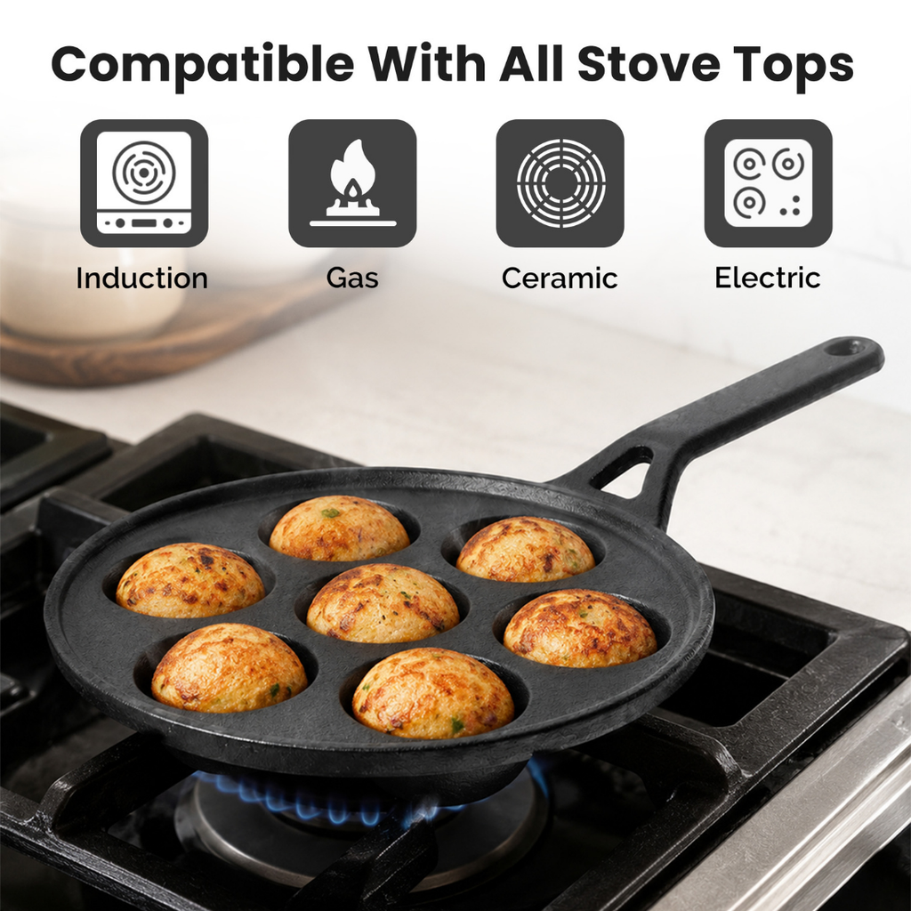 Heavy-Duty Cast Iron 7-Pit Appam Pan with Silicone Grip