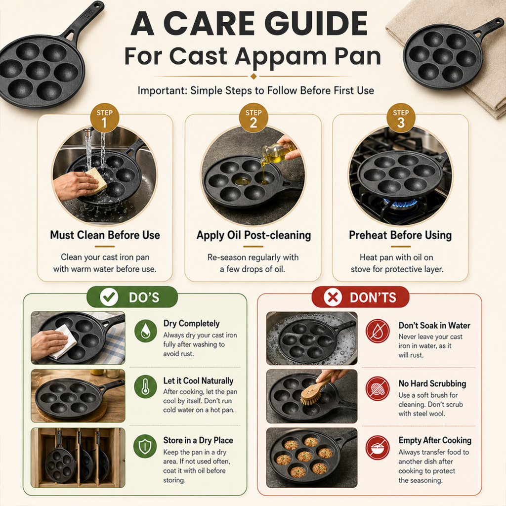 Heavy-Duty Cast Iron 7-Pit Appam Pan with Silicone Grip