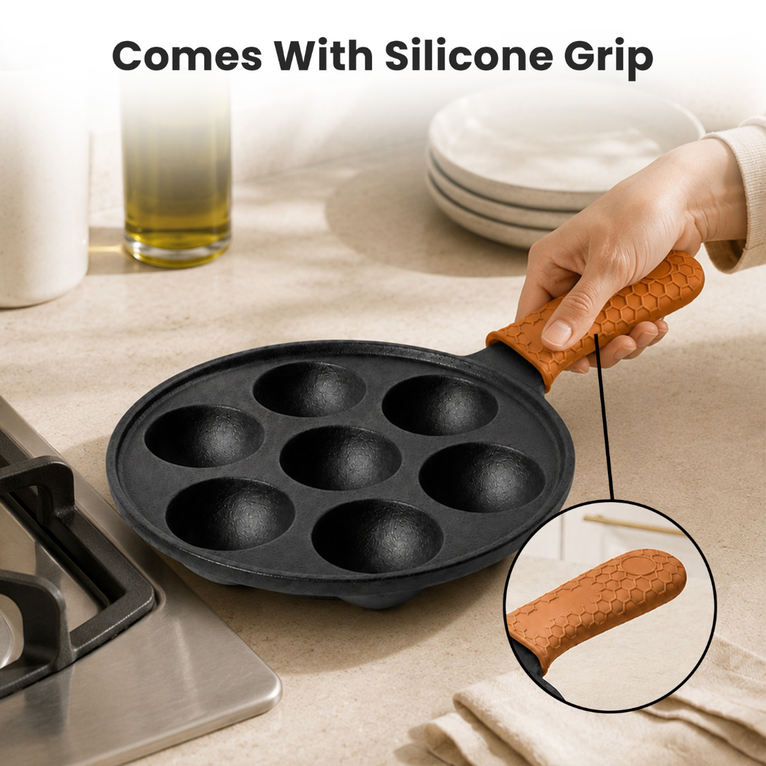 Heavy-Duty Cast Iron 7-Pit Appam Pan with Silicone Grip