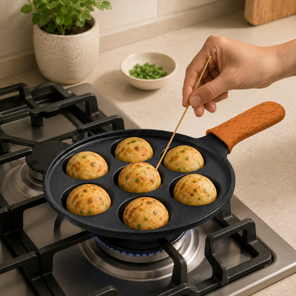 Heavy-Duty Cast Iron 7-Pit Appam Pan with Silicone Grip