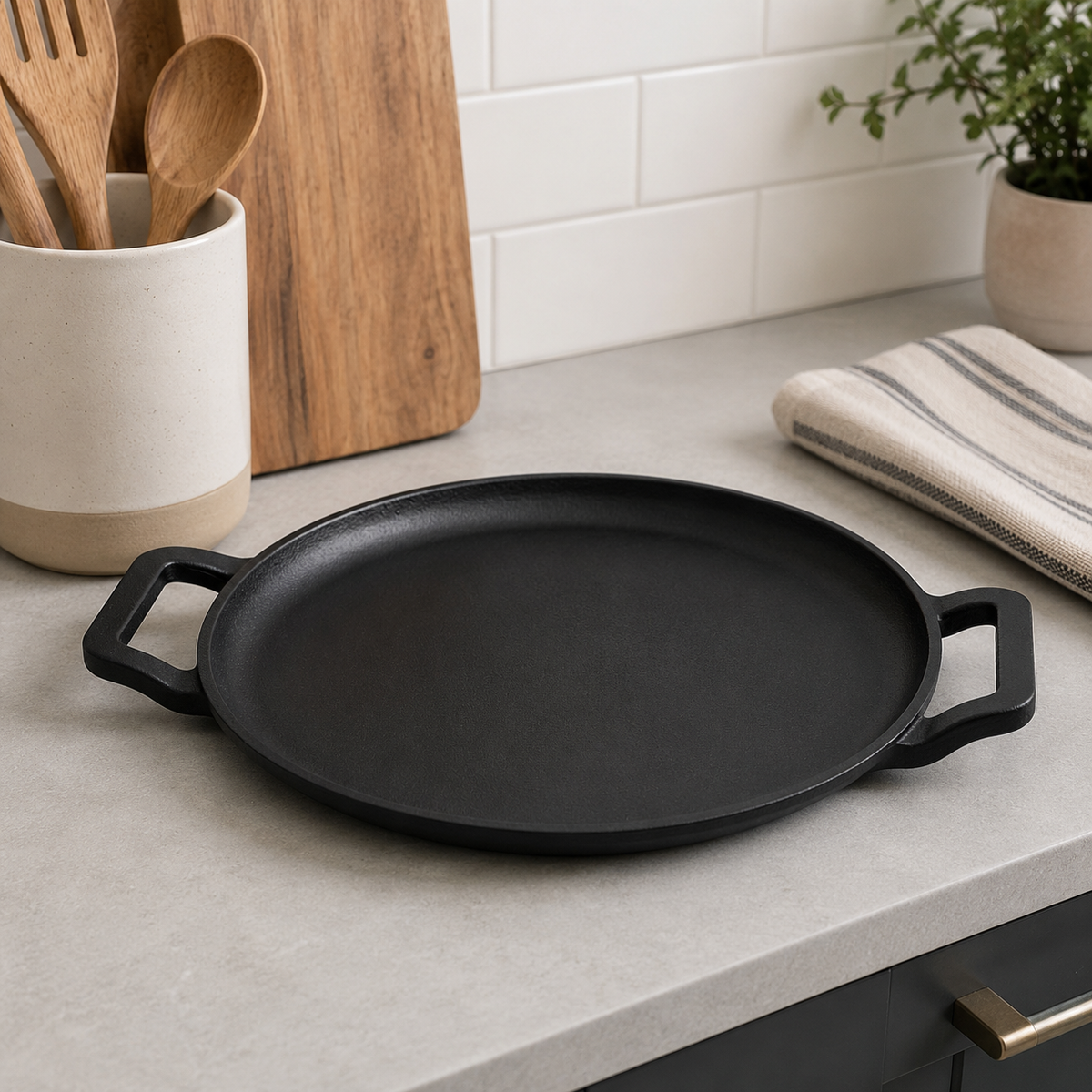 Premium Dual Handle Cast Iron Tawa with Silicone Grip(28cm)