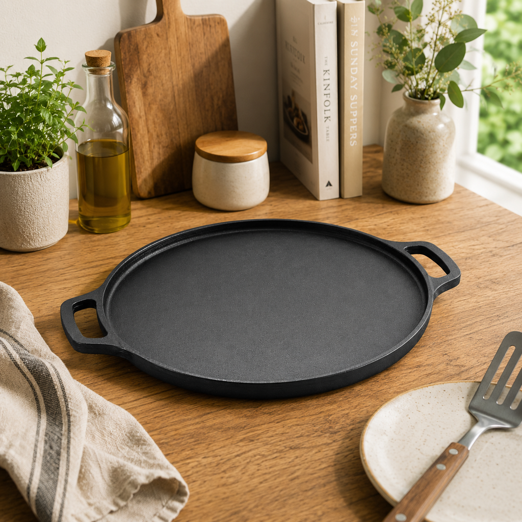 Heavy-Duty Cast Iron Cooking Tawa with Silicone Grip(30cm)