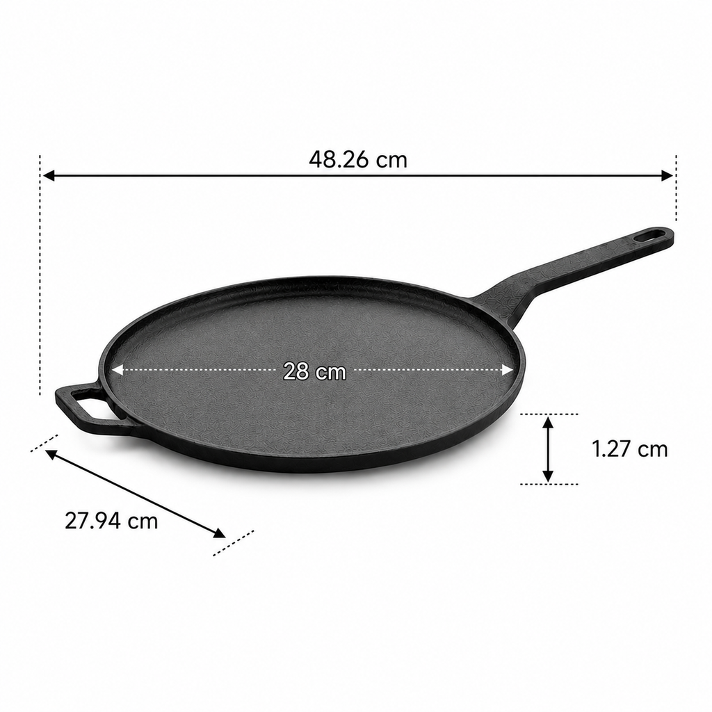 Heavy Duty Cast Iron Long Handle Tawa with Silicone Grip(28cm)