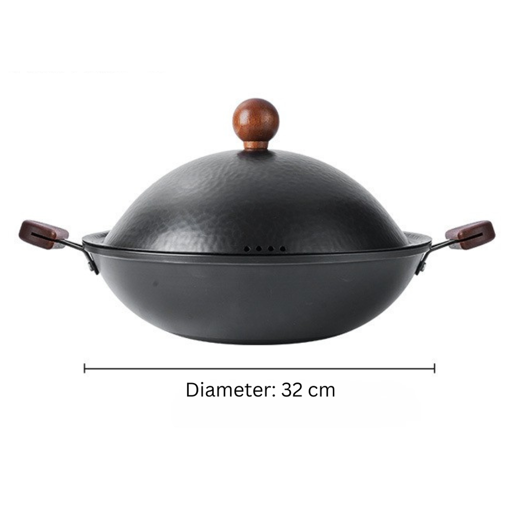 Double Handle Uncoated Iron Wok with Lid(32cm)