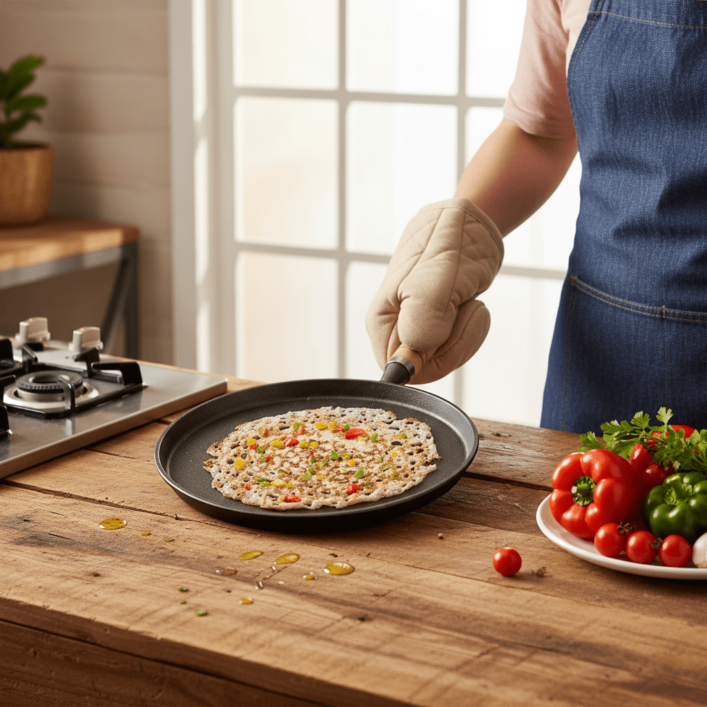 Cast Iron Non-Stick Tawa with Wooden Handle (23 cm)