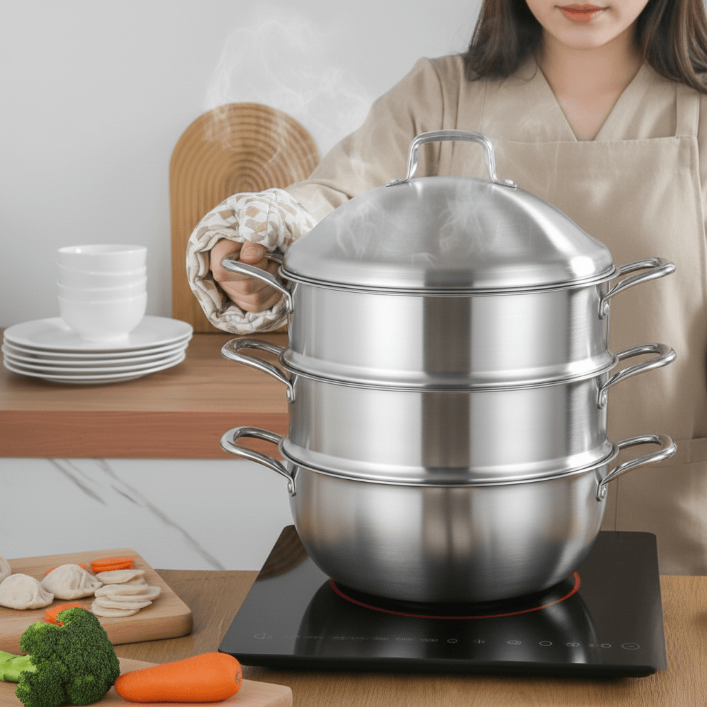 Multi-Purpose Stainless Steel 3-Tier Steaming Pot (32cm)