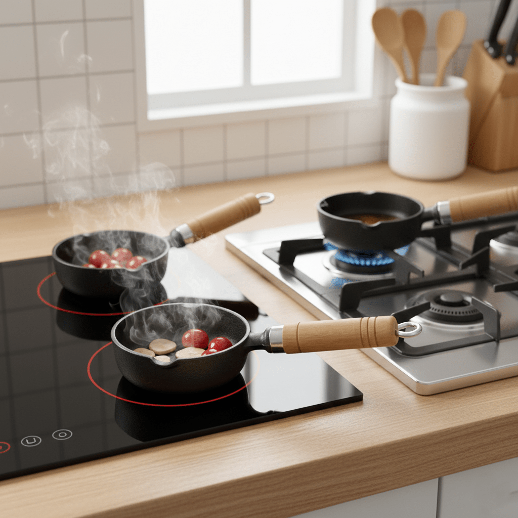 Cast Iron Non-Stick Tadka Pan with Wooden Handle