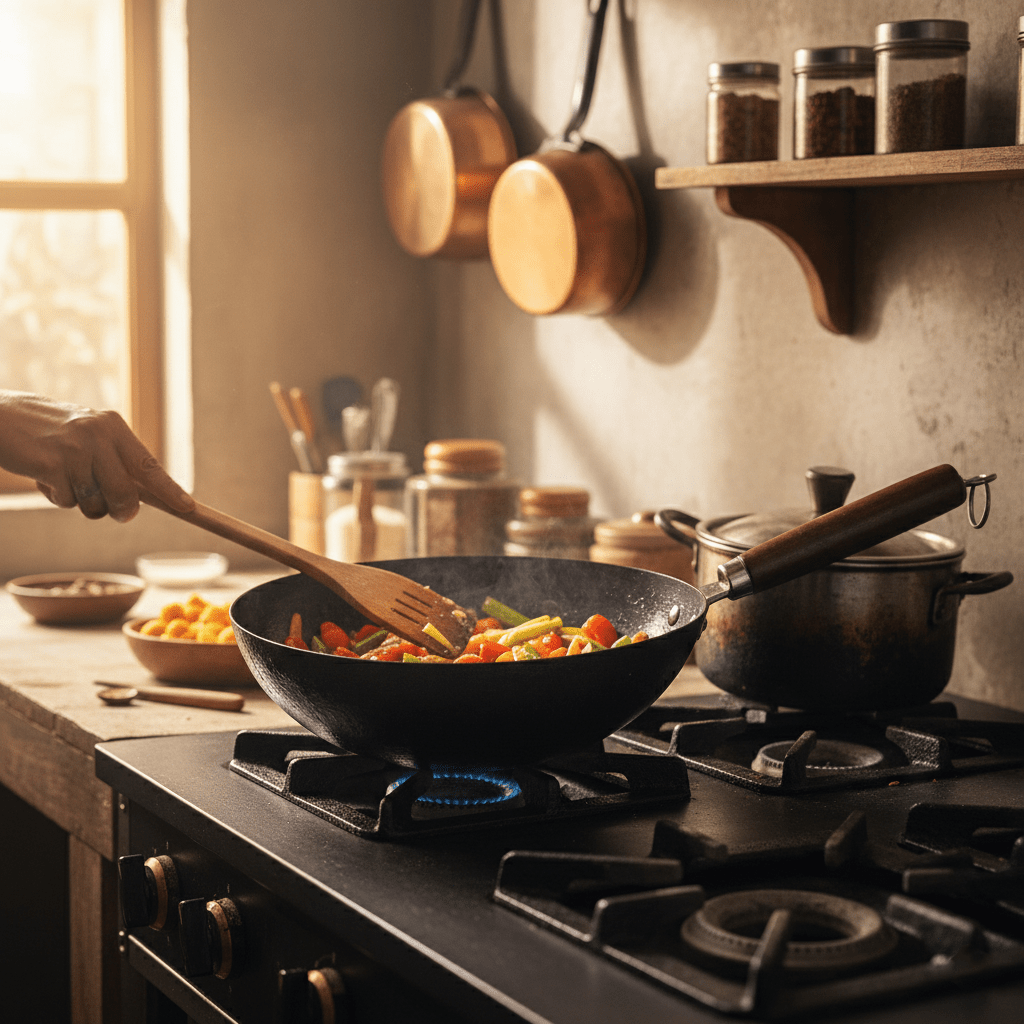 Fine Iron Cooking Pan with Wooden Handle