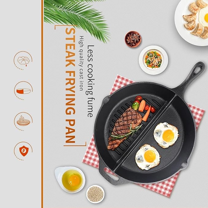 Multi-Purpose Cast Iron Flat & Grooved Cooking Pan(32cm)