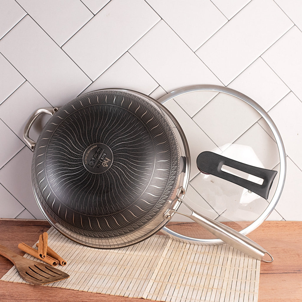 Multi-Purpose Stainless Steel Honeycomb Frying Wok With Lid (32cm)