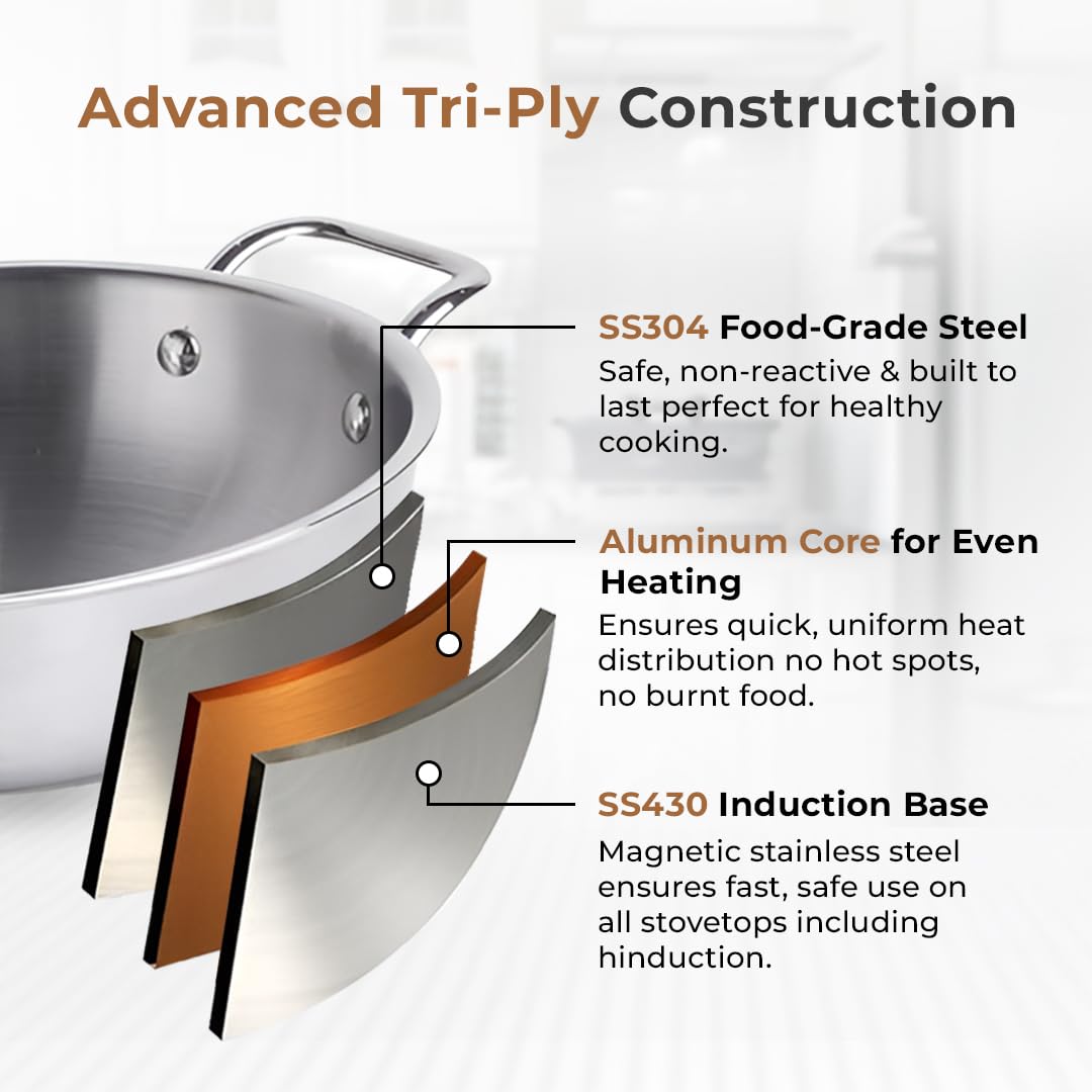 Premium Tri-Ply Stainless Steel Kadai With Lid(24cm)
