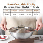 Premium Tri-Ply Stainless Steel Kadai With Lid(24cm)