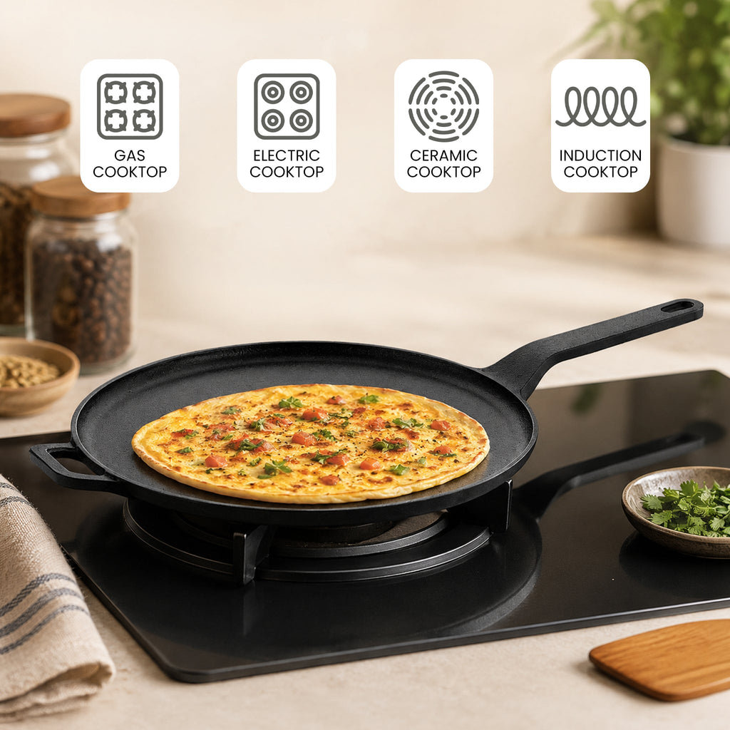 Heavy Duty Cast Iron Long Handle Tawa with Silicone Grip(28cm)