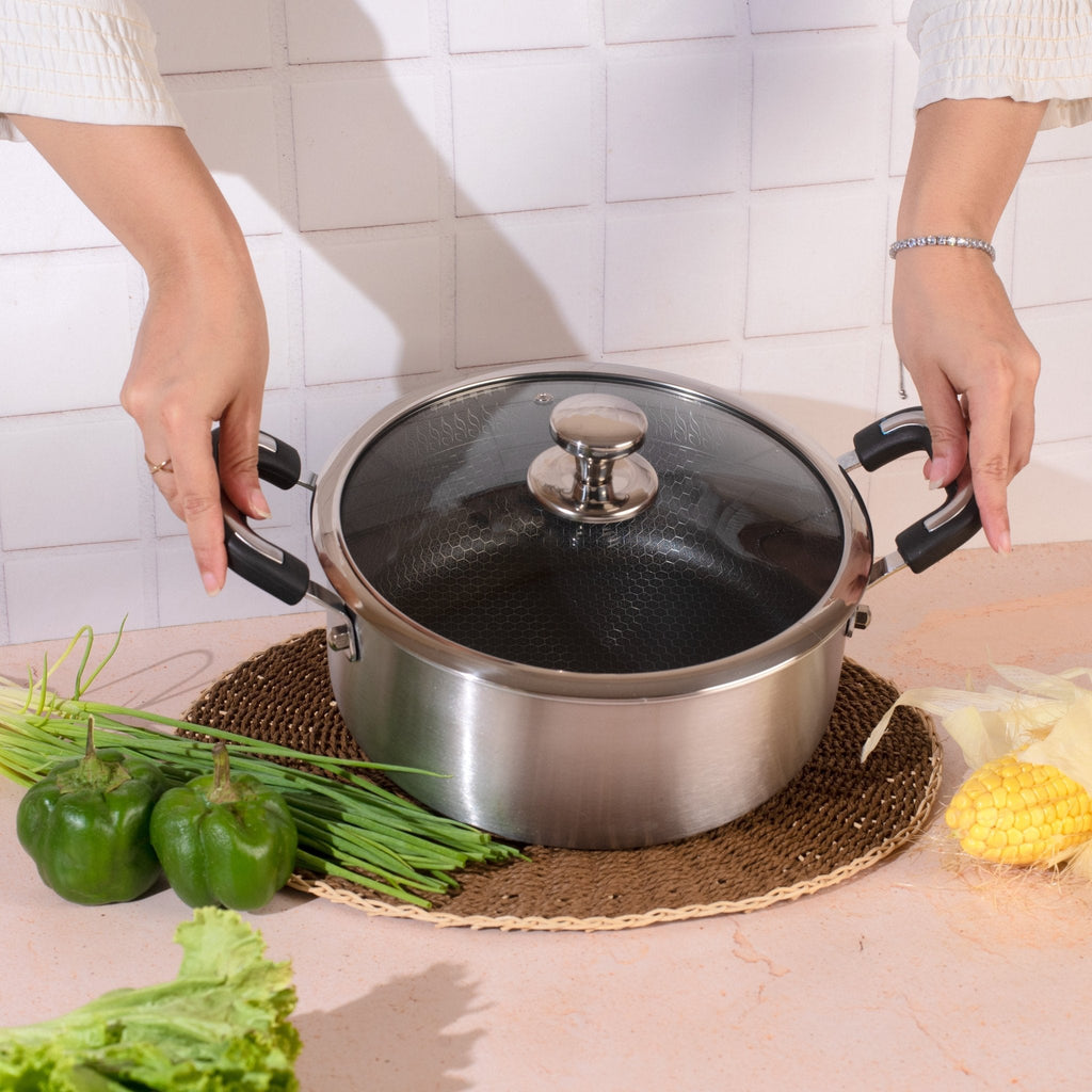 Stainless Steel Honeycomb Deep Cooking Pot With Lid (24cm)