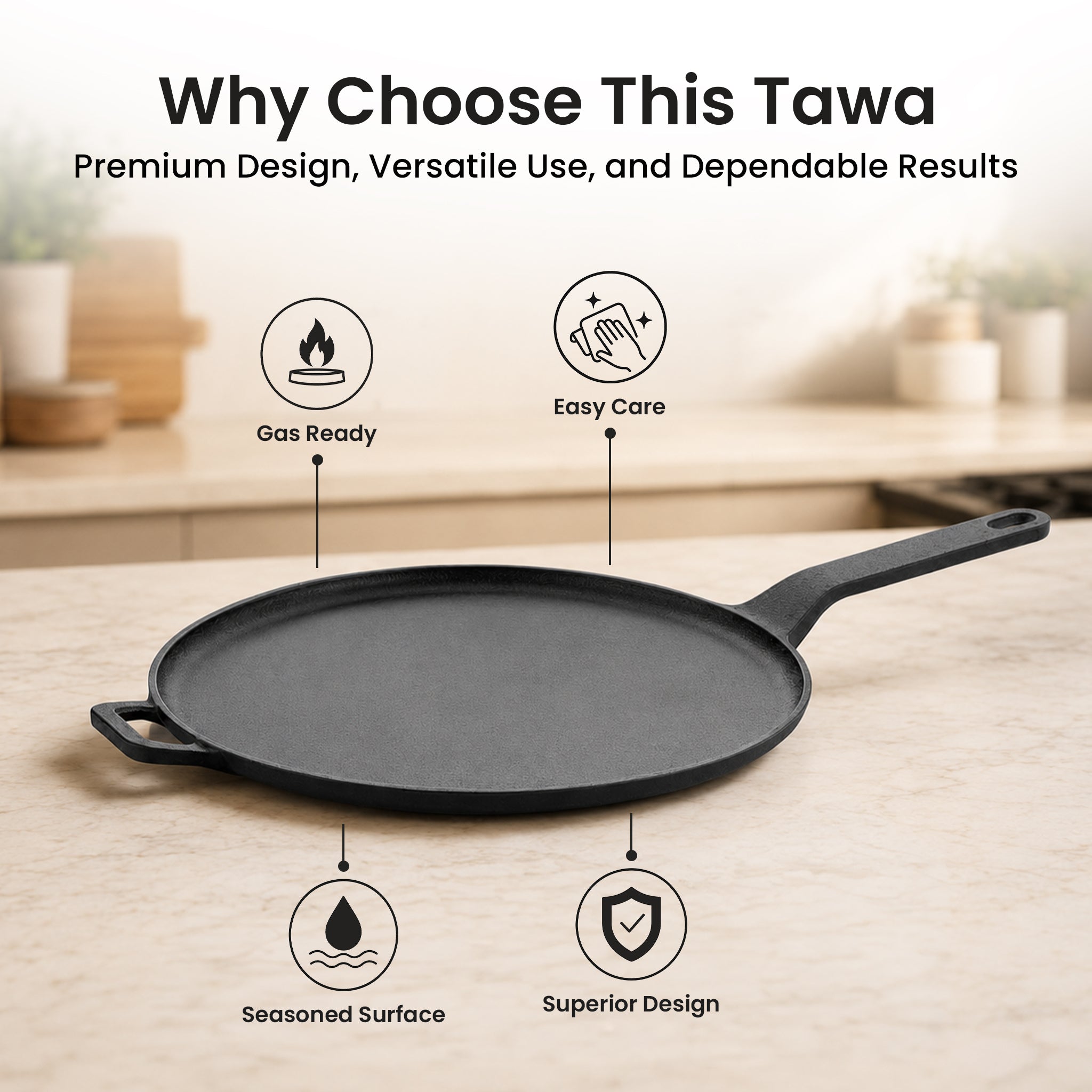 Heavy Duty Cast Iron Long Handle Tawa with Silicone Grip(28cm)