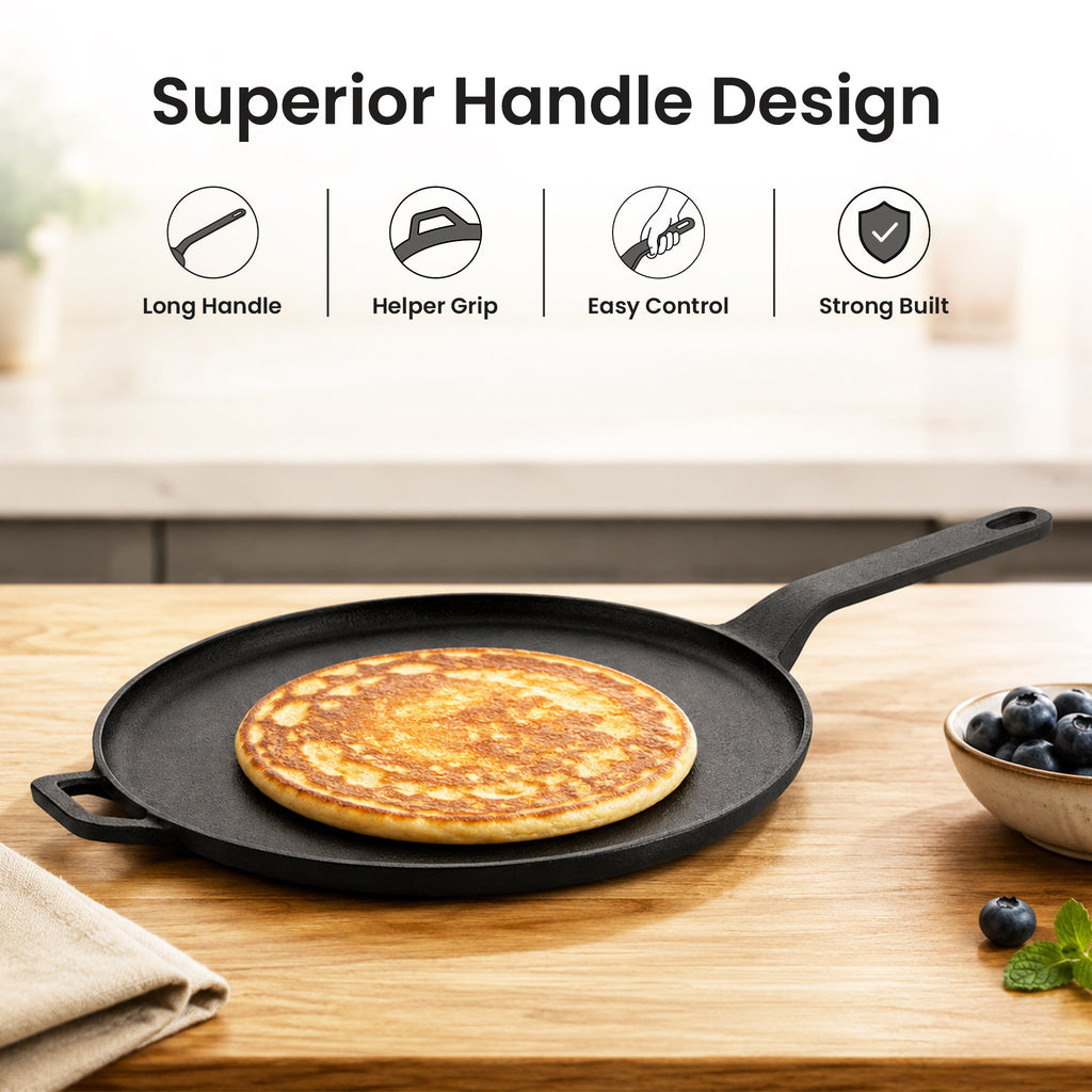 Heavy Duty Cast Iron Long Handle Tawa with Silicone Grip(28cm)