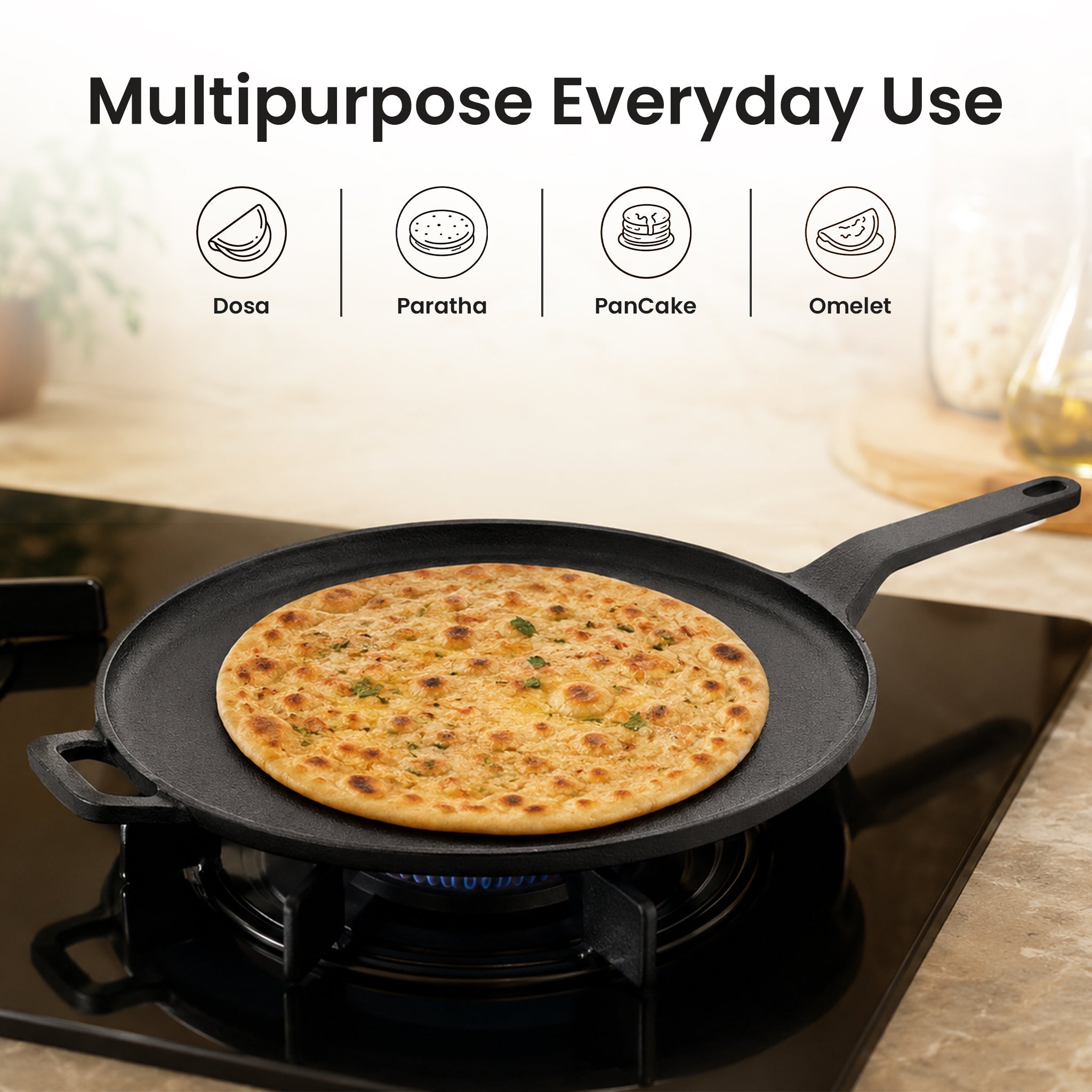 Heavy Duty Cast Iron Long Handle Tawa with Silicone Grip(28cm)