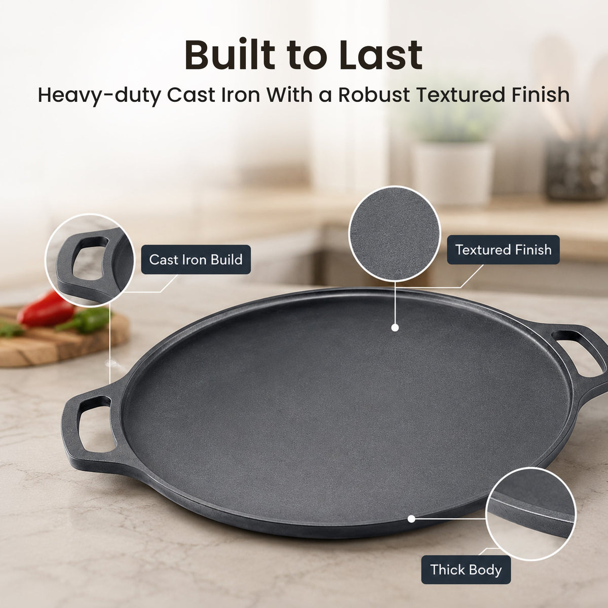 Heavy-Duty Cast Iron Cooking Tawa with Silicone Grip(30cm)