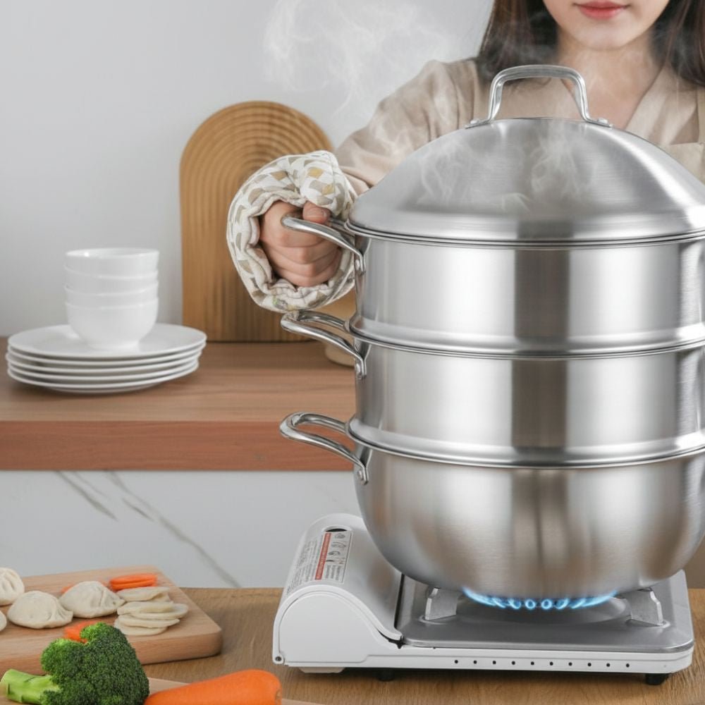 Multi-Purpose Stainless Steel 3-Tier Steaming Pot (32cm)
