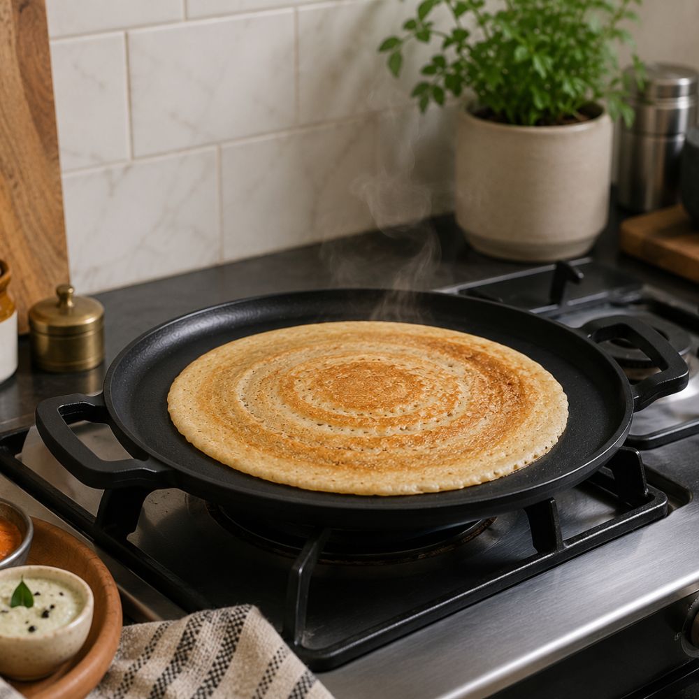 Premium Dual Handle Cast Iron Tawa with Silicone Grip(28cm)