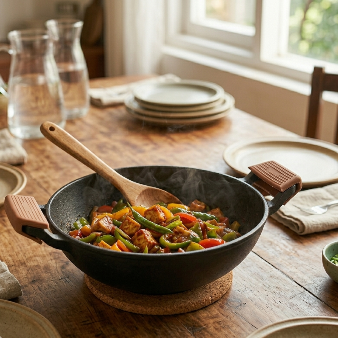 Heavy-Duty Natural Cast Iron Kadai with Silicone Grip(24cm)